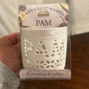 White Candle Holder with Cut Out Name ‘Pam’